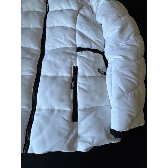 GUESS Womens Puffer Hoodie Jacket Removable Faux-Fur Trim White Sz- M - Picture 3 of 6